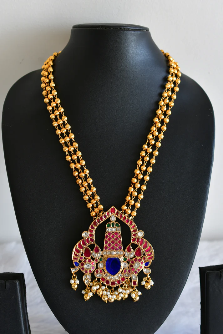 Gold tone Pink Blue Green Kundan Jadau Shri Thirumal Pendant set